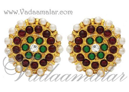 Red And Green Stone Round Traditional temple jewellery Earring Studs Earrings pin type