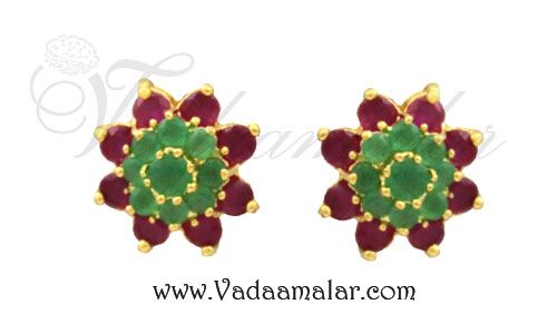 Beautiful flower design ruby emerald stone ear studs earrings