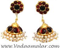 Red and Green Kemp stone and pearl Jhumkis Jhumka Traditional South India Earrings 