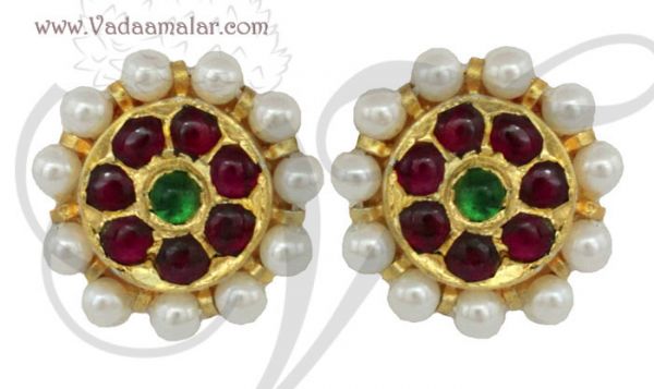 Radish pink and Green Kemp Stones Temple Jewellery Ear stud South India Earrings 