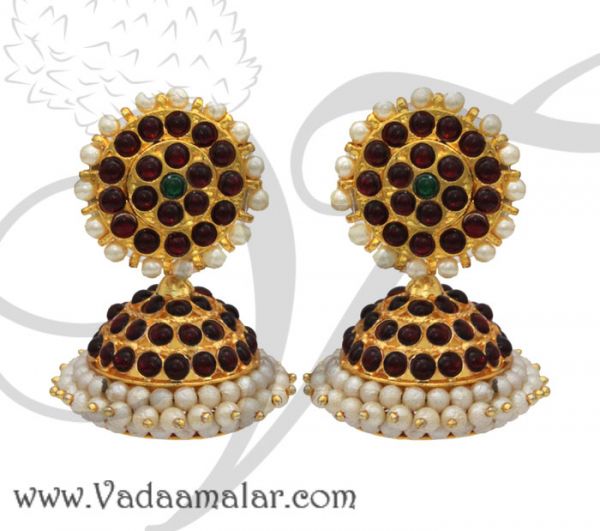 Traditional ear ornaments for sarees Temple jewelry Kemp and Pearl large ear stud jhumkis