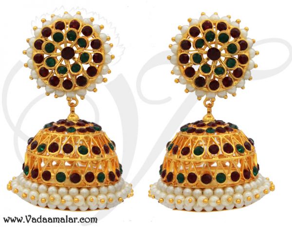 Large size Jhumka temple jewelry stones and pearl jhumkis for sarees