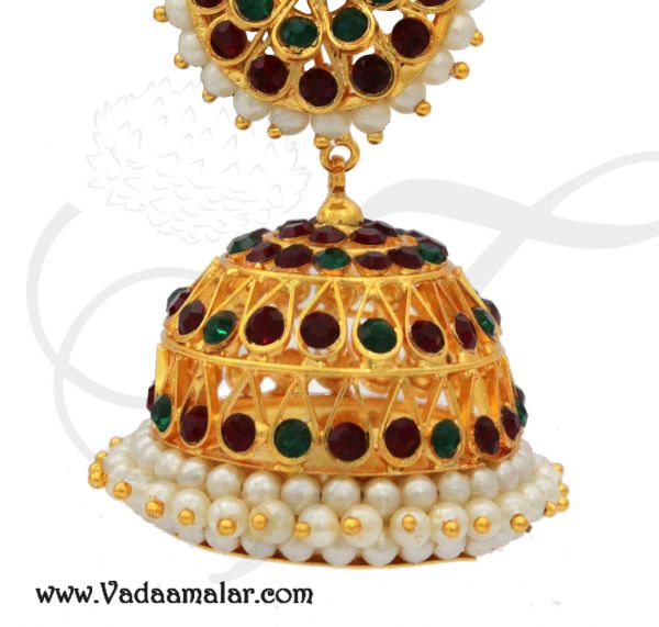 Large size Jhumka temple jewelry stones and pearl jhumkis for sarees