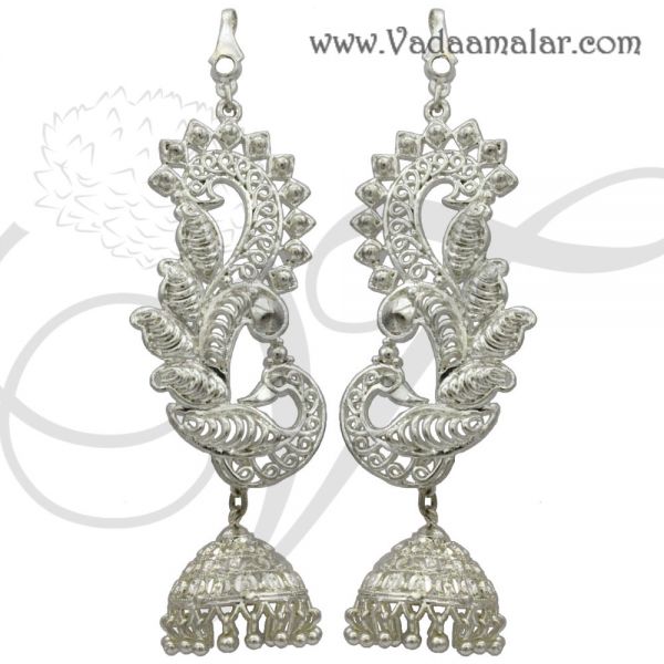 Peacock design white metal jhumka with ear extension jewellery India Odissi Tribal Dance Ornaments