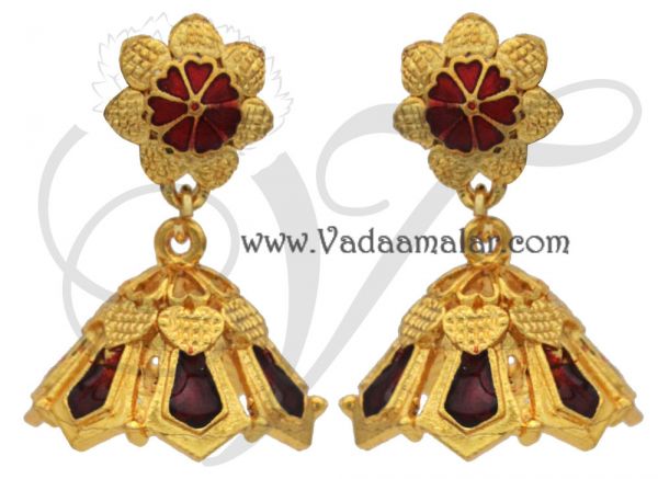 Red enamel earring India jhumkis jhumka bollywood Palaka jumki- Medium size