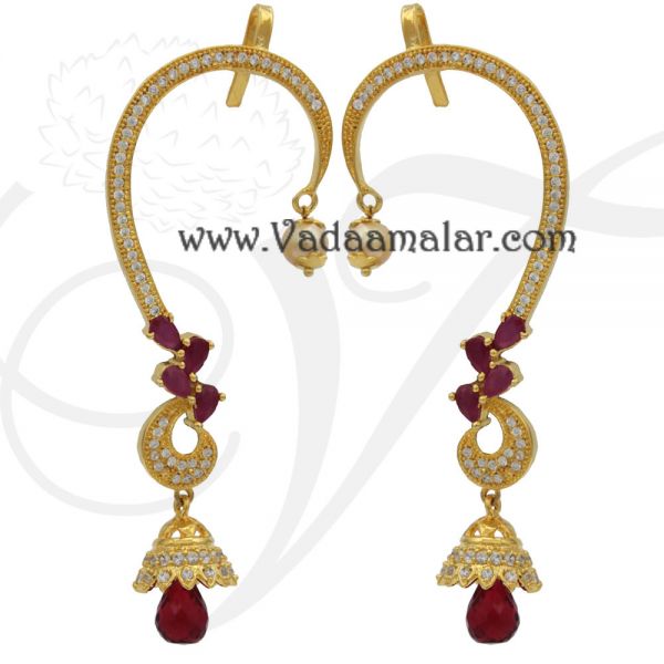 Gold Cuff Earrings With Ruby and American Diamond Stones