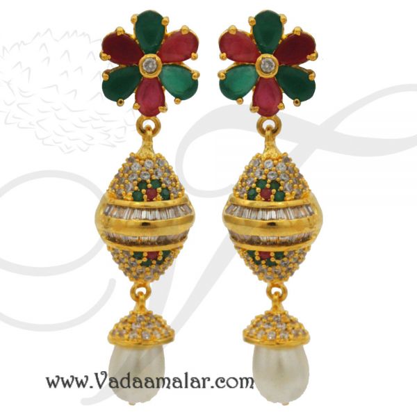 Beautiful white and ruby stone indian earring chandelier drop ear studs buy online