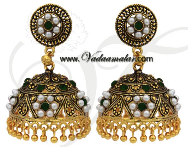 Buy Cute Jhumki Online Green Color Stones India Jhumkas Ear hangings - Medium size