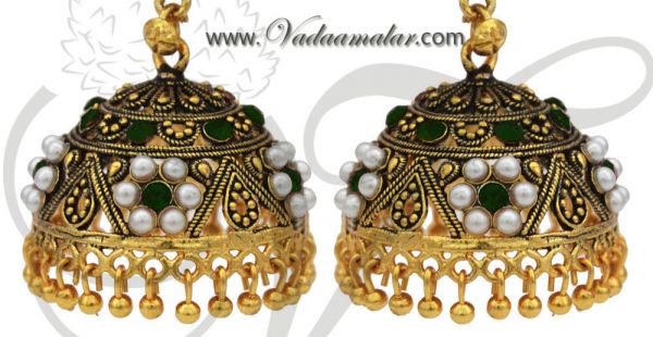 Buy Cute Jhumki Online Green Color Stones India Jhumkas Ear hangings - Medium size