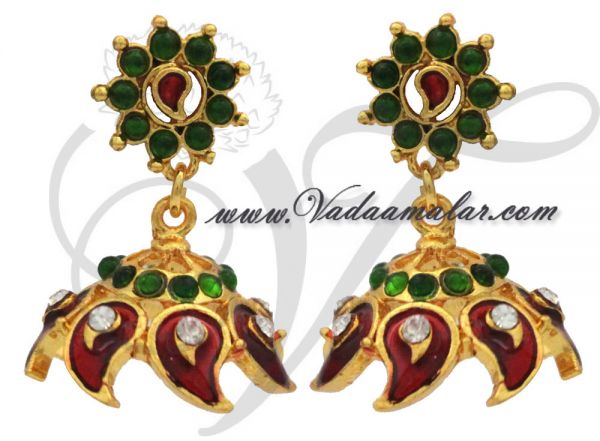 Red Palakka with green kemp stone earring India jhumkis jhumka Jumki Palaka - Medium size