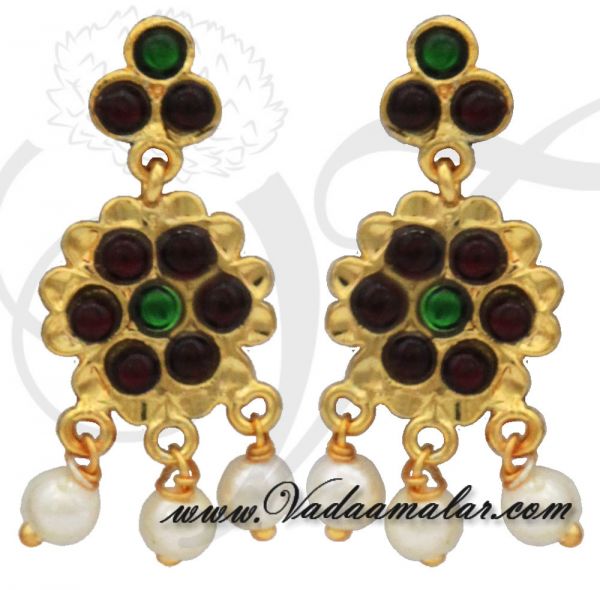 Imitation jhumki with red and green kemp stones BuyJhumka Earrings Online