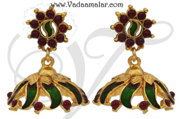 Green enamel with red kemp stone earring kerala jhumkis jhumka bollywood Palakka - Medium size