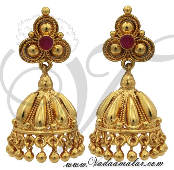 Gold plated jhumkis with ruby stone jhumka ethnic ear studs