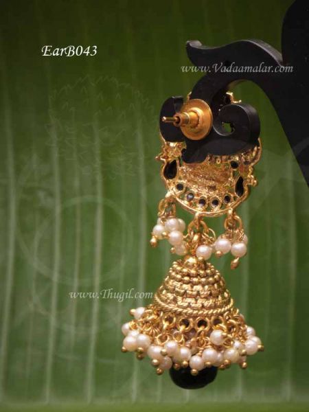 Ethnic Lakshmi design jhumkis with black color stones jhumka ear studs