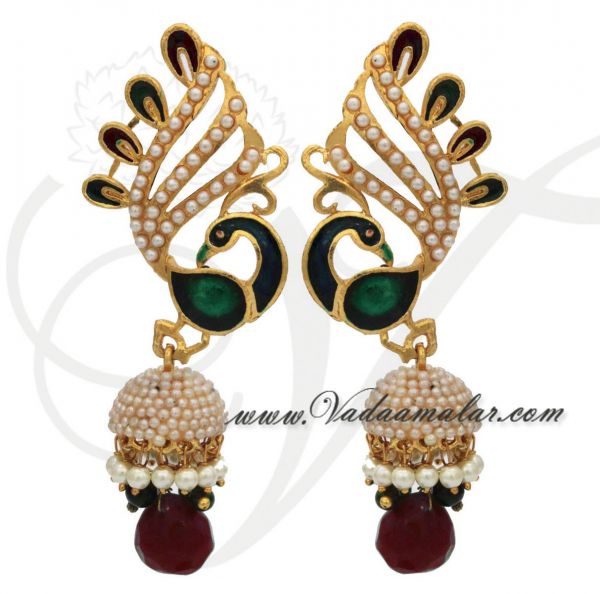 Gold Plated Peacock Design with Enamel Ear stud Traditional Indian Earrings