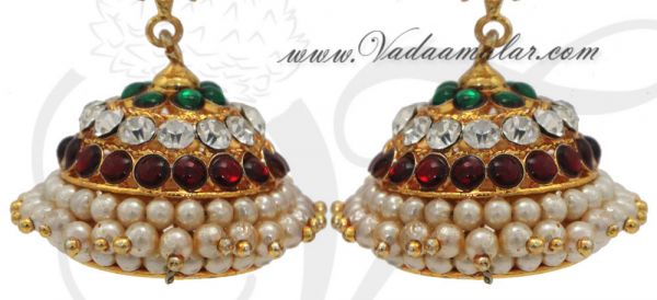 Red and Green Kemp Stone with Pearl Jhumkis Jhumka Traditional South India Earrings
