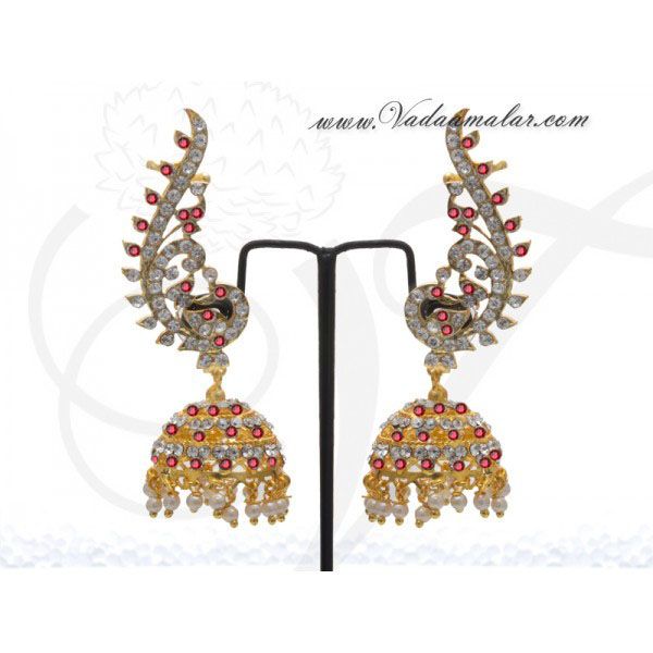 Earrings with Kan Chain Extension White and Maroon Stones Jhumkas