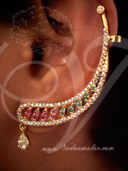 Earrings with Kan Chain Extension Ruby Emerald Stones Jhumkas