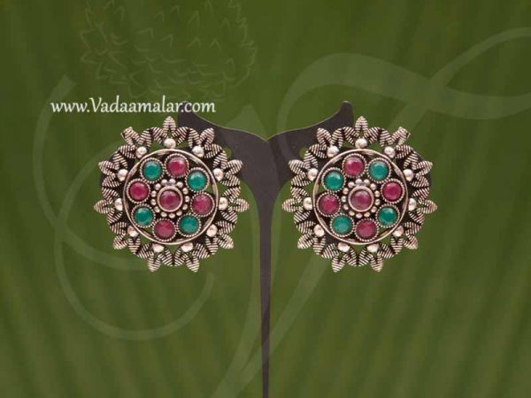 Ear Studs Silver Oxidized Flower Design Buy Now