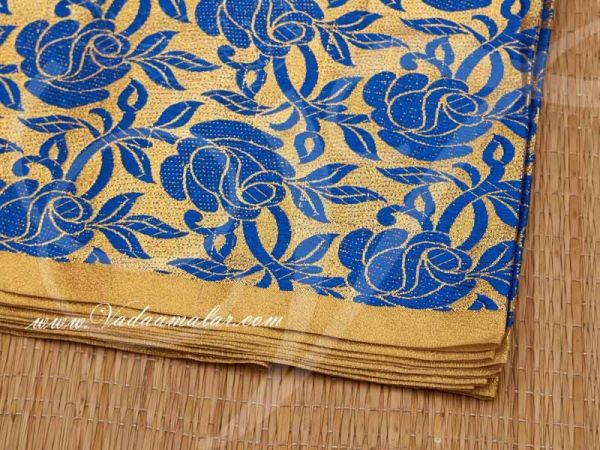 Gold with Blue Flower Print Synthetic Fabric for Decorations - Buy Online