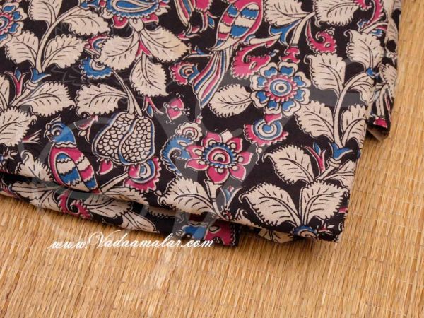 Kalamkari Fabric Indian Flower Print Black Pure Cotton Material Buy Now 1 Meter
