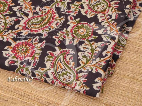 Kalamkari Fabric Indian Flower Print Black Pure Cotton Material Buy Now 1 Meter