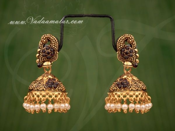 Peacock Design Oxidised Gold Jhumki Jhumkas India Ear hangings - Medium size