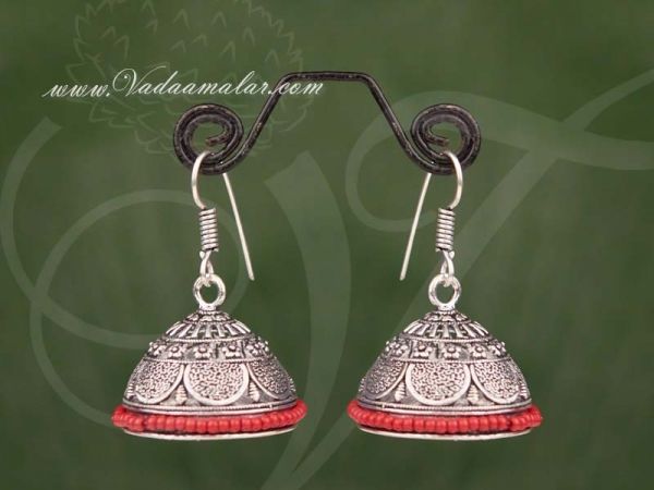 Buy Cute Earring Online Silver Oxidised Red Color Pearl India Earrings Ear hangings - Medium size