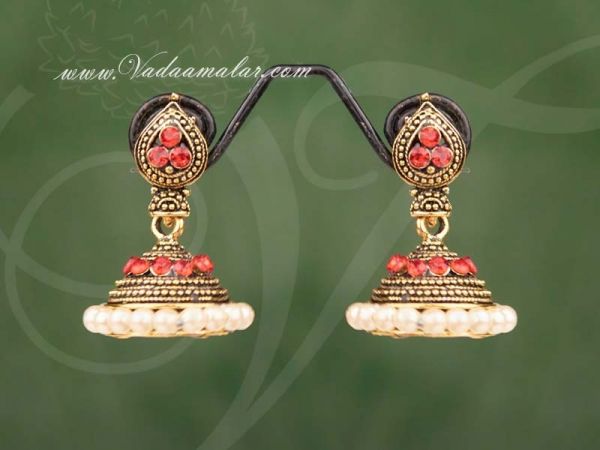 Buy Cute Jhumki Online Oxidised Red Color Stones India Jhumkas Ear hangings - Medium size