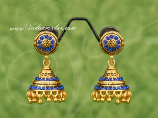 Buy Cute Jhumki Online Gold Oxidised Blue Color Stones India Jhumkas Ear hangings - Medium size