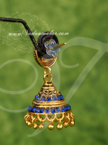 Buy Cute Jhumki Online Gold Oxidised Blue Color Stones India Jhumkas Ear hangings - Medium size