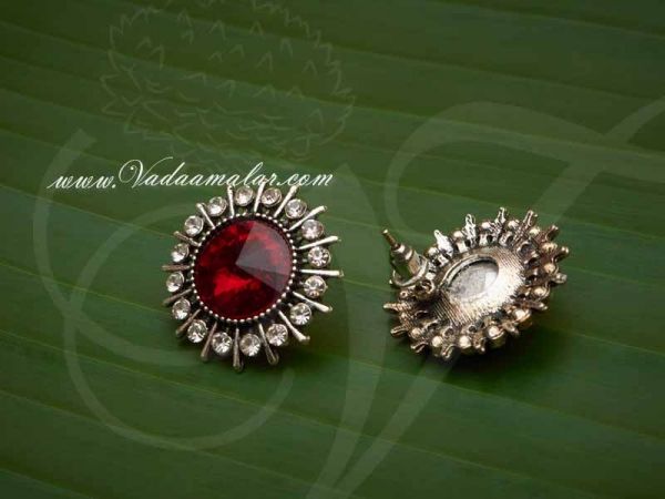  Oxidised Silver Maroon Colour Stone Ear Studs  - Buy now 