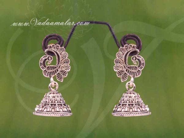 Peacock Design Oxidised Silver India Jhumkas Ear hangings-Buy Now 
