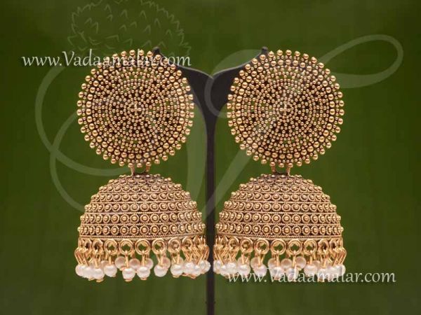 Jhumkas Earring Brass tone oxidised Gold Colour Ear Hangings Buy Now