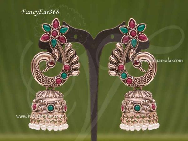 Jhumkas Earring Pink With Green Stones Peacock Design Ear Hangings 