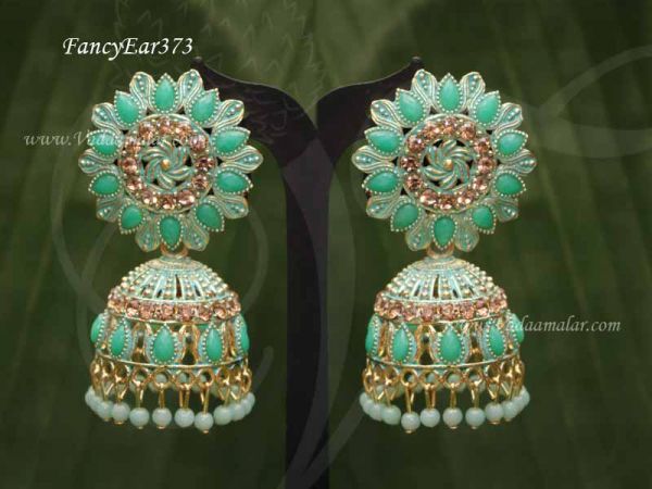 Fancy Earring Gold Oxidised Turquoise Colour Flower Design Jhumkas 