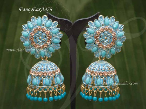 Fancy Earring Gold Oxidised Light blue Colour Flower Design Jhumkas 