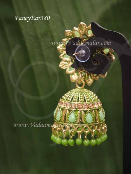Fancy Earring Gold Oxidised Green Colour Flower Design Jhumkas 2 Inches
