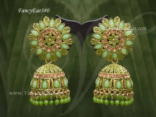 Fancy Earring Gold Oxidised Green Colour Flower Design Jhumkas 2 Inches