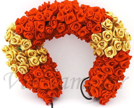 Artificial Orange with Gold color Rose Flower for hair braid Band India Wedding Dances