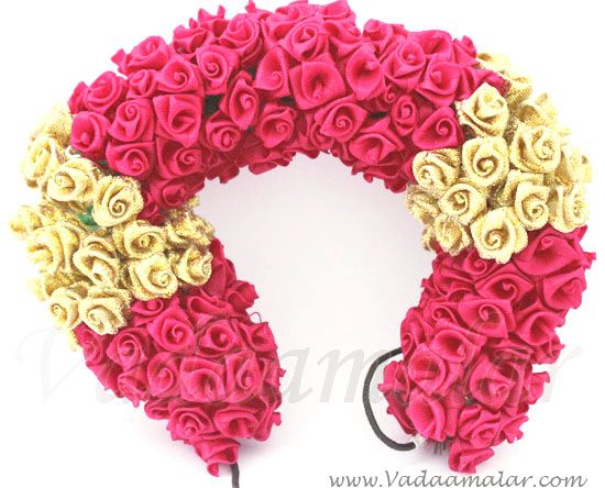 Pink with Gold color Rose Flower for hair braid Band India Wedding Dances