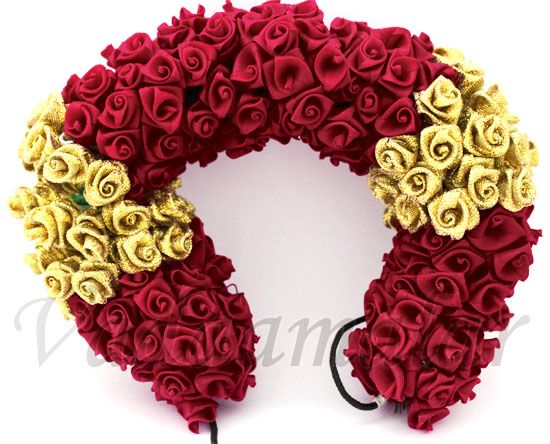 Maroon with gold color Rose Flower for hair braid Band India Wedding Dances