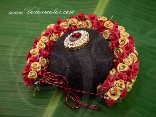 Indian Bridal Designer Hair Band Bun Maroon with Gold Rose Flower Buy Now