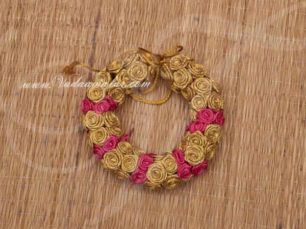  Gold with Pink color Rose Flower Band for hair braid For India Wedding, Barathanatyam and Kuchipudi