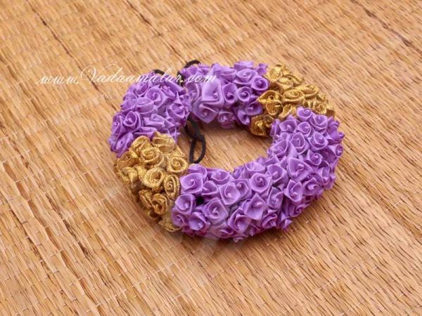Purple with Gold Color Rose Fabric Flower Band for Hair Braid India Wedding Dances