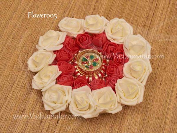 Artificial Flower Rose Base Rangoli Mat with Candle 9 inches