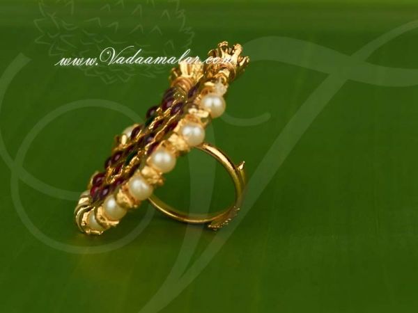Kempu Stones With Pearls Moon Shaped Design Finger Ring For Bharatanatyam Dance and Temple Buy Online