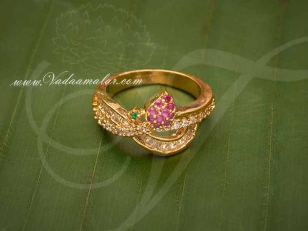 American Diamond and Ruby Emerald Stones Design Finger Ring Buy Online