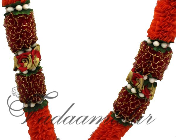 Buy Indian Garlands artificial flower Orange White synthetic cloth mala - 2 pieces