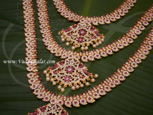 Haaram White and Pink 3 Step Necklace For Hindu Idol Ornaments 16 inches 